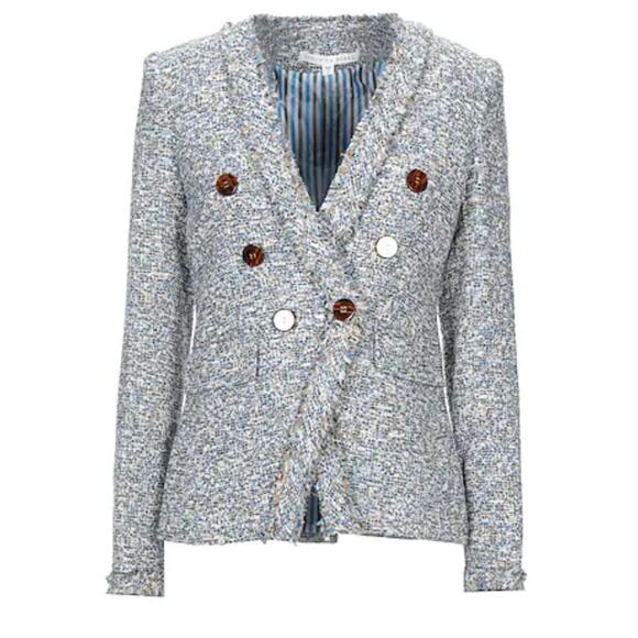 Veronica Beard Cedric Collarless Dickey Jacket Blue Tan Double Breast Womens 4 - Picture 11 of 16